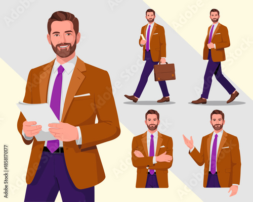 An illustration showcases a businessman in multiple poses, representing confidence, versatility, and professionalism, highlighted by a stylish brown suit and vibrant tie.