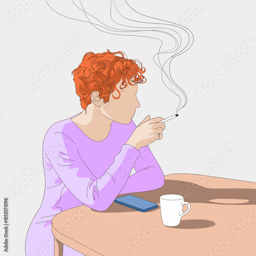 A redhead woman sits pensively at a table, smoking a cigarette and holding a coffee cup, embodying a moment of reflection and contemplation in a relaxed setting.