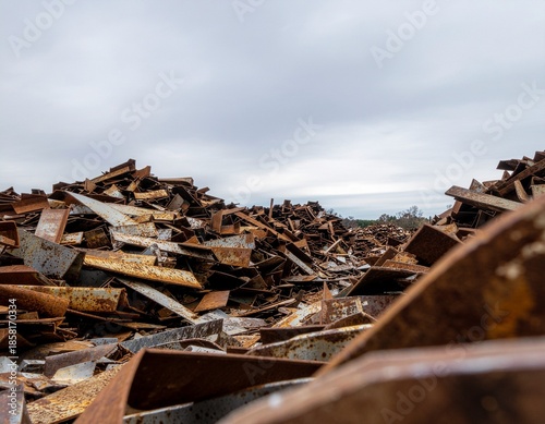 Wallpaper Mural An industrial pile of tarnished heap of old firewood and logs sits abandoned near a brick building and scrap metal, waiting for recycling or use as fuel amidst the ruins of a construction site Torontodigital.ca