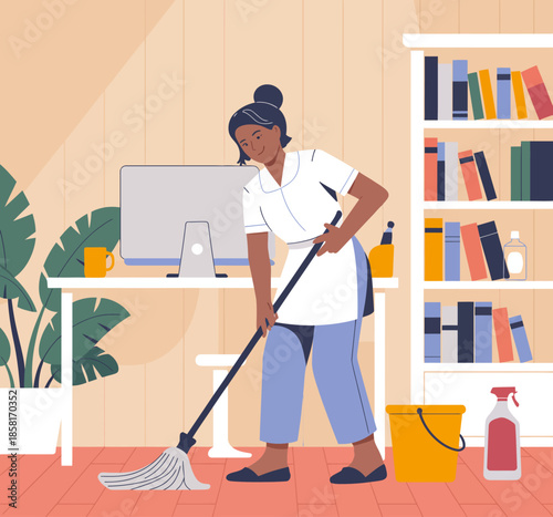 A dedicated woman skillfully mopping the floor in a tidy modern workspace, highlighting the importance of cleanliness and hard work in everyday life and professional environments.
