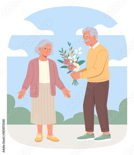 A touching illustration depicting an elderly couple sharing a warm moment, as one presents flowers to the other, highlighting love, companionship, and affection in later life.