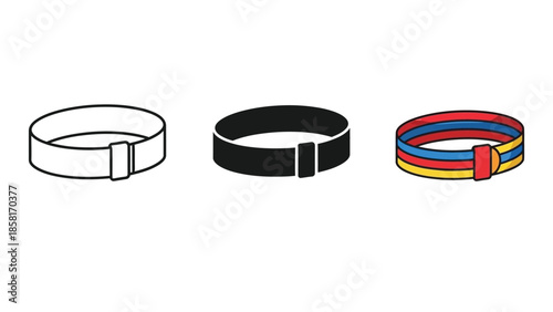 Set of three wristbands icons outline, solid black and colorful design
