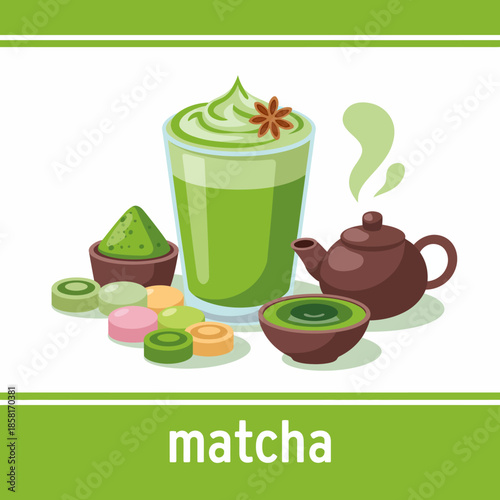 Photography This inviting scene showcases a refreshing matcha drink alongside traditional sweets and a teapot, highlighting the cultural significance and aesthetics of Japanese tea culture
