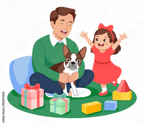 A joyful father and daughter celebrate playtime with their cute dog, showcasing love, happiness, and the pure excitement of family bonding in a vibrant setting.