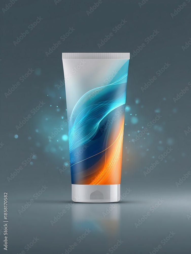 Fototapeta premium White Cosmetic Tube with Dynamic Blue and Orange Abstract Design