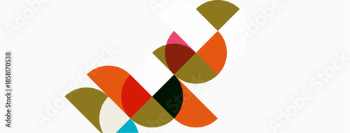 Abstract geometric shapes overlap, creating colorful composition. Circles, arcs, segments form dynamic visual pattern. Minimalist design.