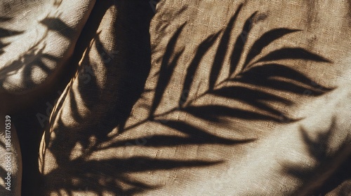 Textured beige fabric with tropical palm leaf shadows, creating an abstract natural background.