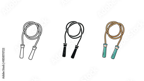 Set of three jump ropes in different styles outline, solid black and colored illustration
