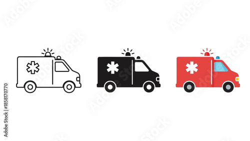 Ambulance icon set outline, solid black, and color versions for emergency medical services and healthcare concepts