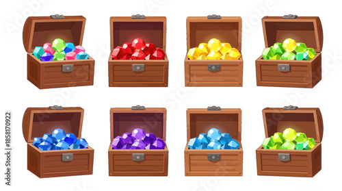 Colorful Treasure Chests with Precious Gemstones Illustration