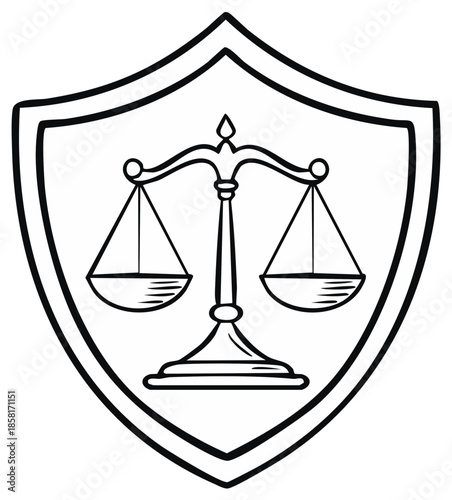 Black outline drawing of a shield with scales of justice inside representing law and fairness