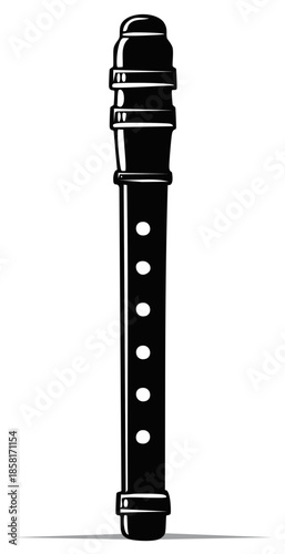 Silhouette illustration of a recorder, musical instrument, black and white.