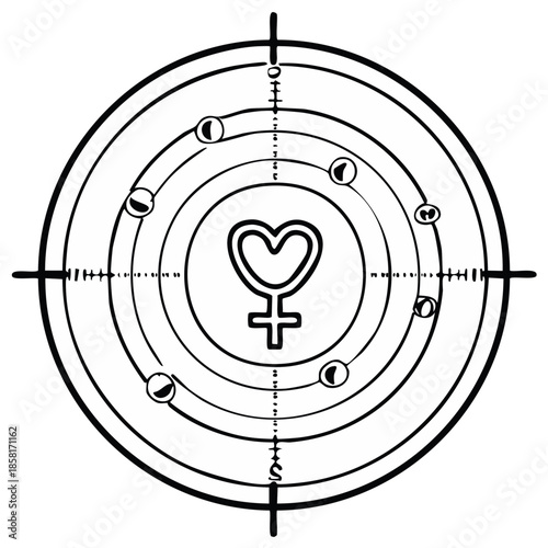 Femininity Symbol in Target with Moon Phases Line Art Vector