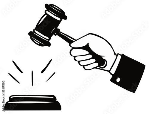 Hand holding a gavel striking a block in a cartoon style illustration