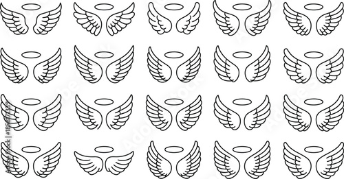 Line art illustration of angel wings with a golden halo isolated on white background