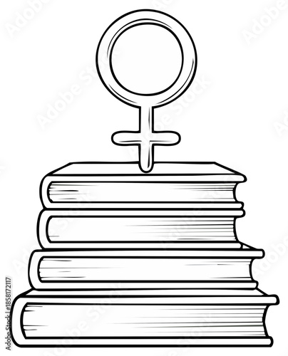 Feminism and Education Illustration Female Gender Symbol on Stack of Books in Vector Line Art Simple Graphic Black and White Drawing