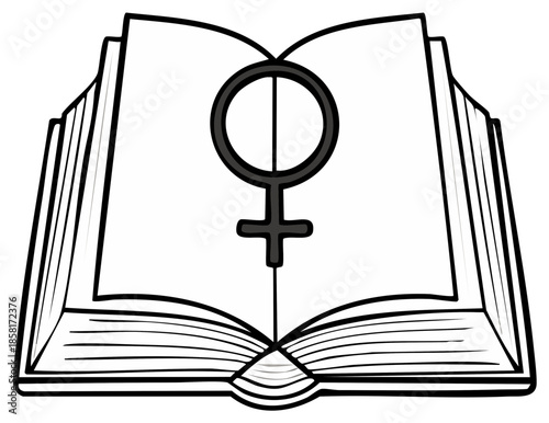 Illustration of open book with female symbol on pages