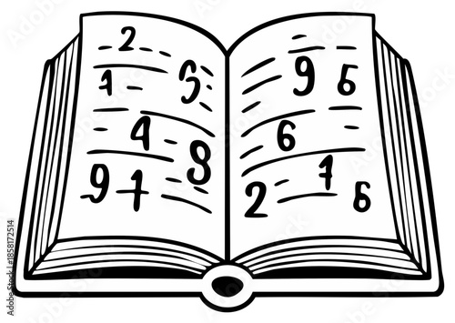 Open book with handwritten mathematical equations and numbers in a sketch style