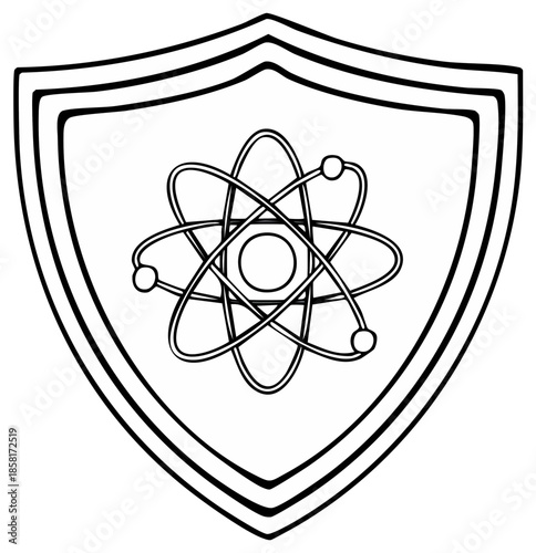 Outlined Shield Emblazoned with an Atom Symbol Representing Science and Protection of Scientific Research
