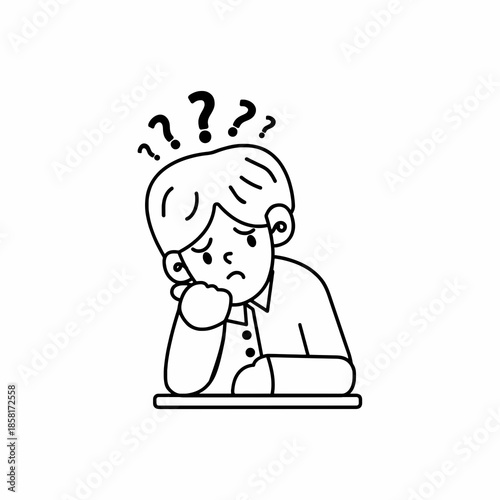 Professional line art illustration of a confused male student sitting at a desk with question marks above his head, symbolizing education stress, problem-solving, and mental exhaustion.