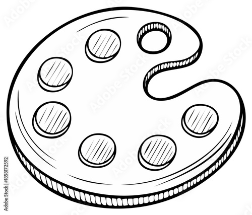 Artist's wooden palette with circular paint wells sketched illustration