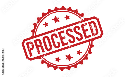 A red processed stamp with stars on a white background indicating completion