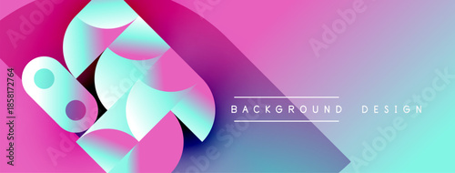 Abstract shapes blend vibrant pinks, blues, turquoise. Gradient background creates dynamic visual effect. Text reads background design.