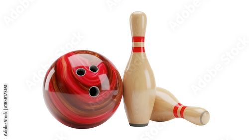 Принти на полотні Bowling ball and pins PNG isolated on transparent background, red and brown ball