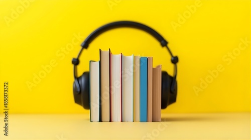 Hardcover books with over-ear headphones on yellow background representing audiobook concept
