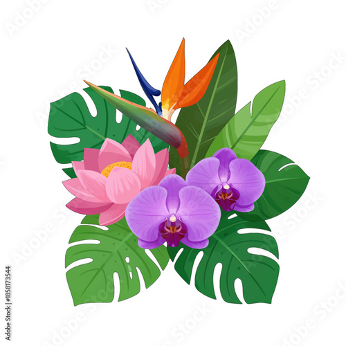 Tropical Flowers and Leaves Vector Illustration