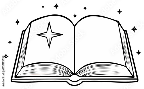 Magical open book with glowing star and sparkles illustrating fantasy and knowledge
