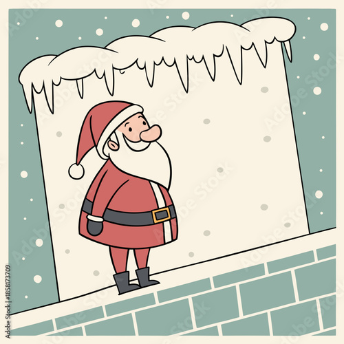 a cheerful santa claus peeks through a snow covered window frame with icicles bringing winter joy and holiday spirit