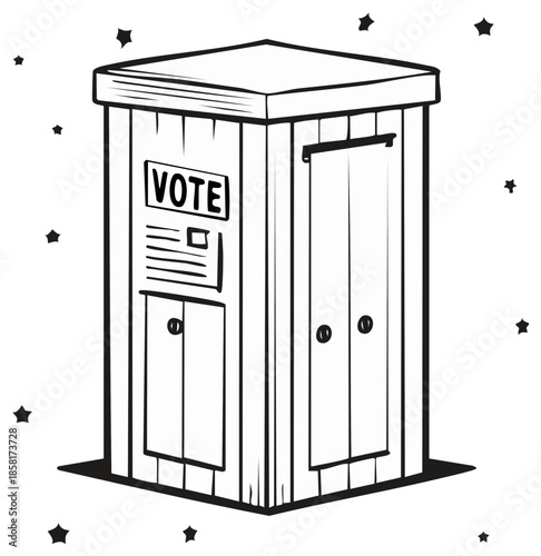 Hand-drawn illustration of a wooden voting booth with "Vote" sign and stars