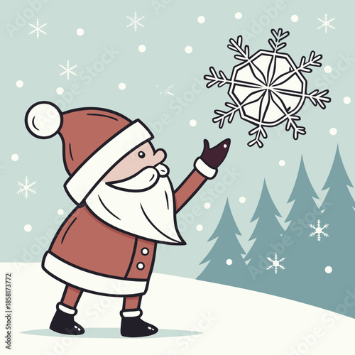 A cheerful santa claus reaches out to catch a falling snowflake amid a winter landscape with evergreen trees and snow