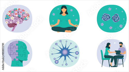  Mental health and psychological support flat vector illustration set