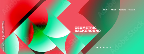 Abstract geometric shapes blend vibrant colors. Website header includes navigation options, simple design.