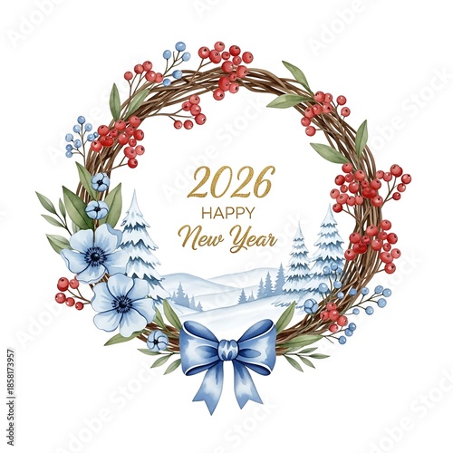 A beautifully designed wreath with winter flowers and berries, featuring a snowy landscape and a blue ribbon. The wreath is adorned with red and blue berries, blue flowers, and greenery. 