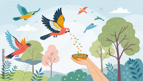 Colorful Birds Feeding Together on a Bright Day