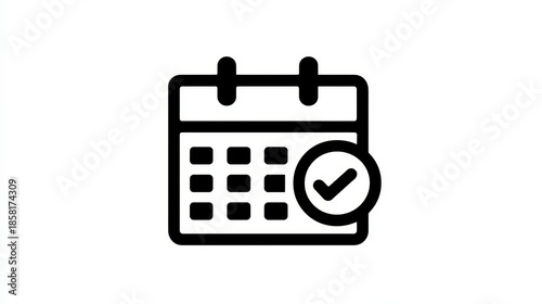 A flat black and white icon depicting a calendar with checkmark, suggesting a completed or approved date