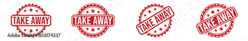Four red take away stamps with stars and diagonal lines