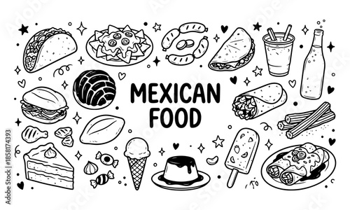 Outline illustration of traditional Mexican cuisine, snacks, and desserts.