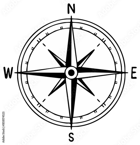 Simple black and white illustration of a compass indicating directions