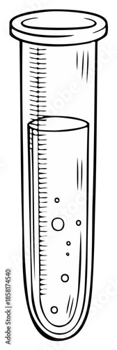 Line art illustration of a glass test tube partially filled with liquid and bubbles for experiments