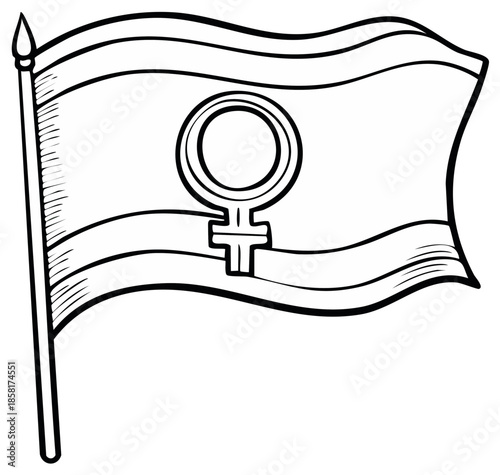 Drawn illustration of a flag with a Venus symbol for feminism and women's rights.