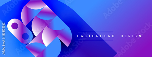Abstract shapes blend vibrant blues, purples. Modern design suggests technology, innovation. Gradient colors create dynamic visual impact.