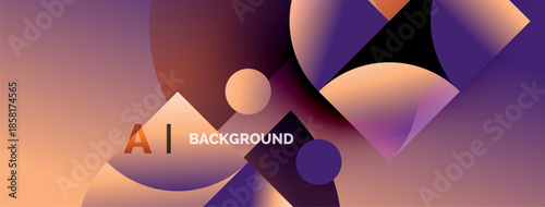 Abstract geometric shapes blend orange, purple hues. Text reads AI BACKGROUND. Modern design evokes digital art, innovation.