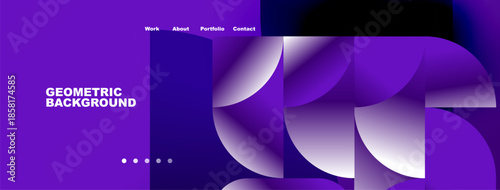 Purple geometric background design. Website header includes navigation options work, about, portfolio, contact. Minimalist aesthetic.