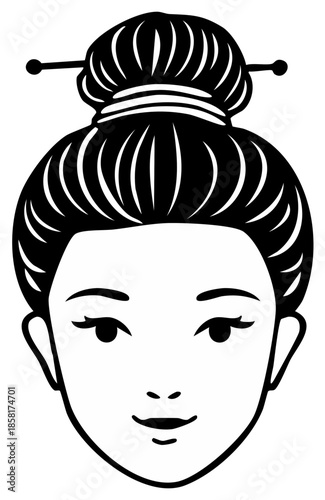 Elegant woman's face, bun hairstyle with hair stick, simple beauty in black and white
