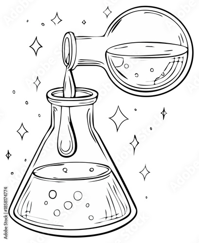 Laboratory Experiment: Liquid being Poured from Round Bottom Flask into Erlenmeyer Flask