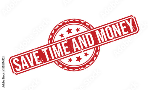 Red Rubber Stamp Text Save Time and Money with Stars Background